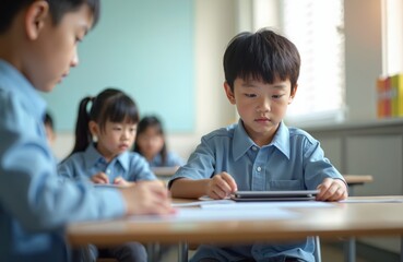 Focused Asian school boy using tablet in classroom. Junior school student learning online with digital program tech during computer science lesson. Children studying STEM subjects in elementary