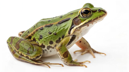 Obraz premium Side View of a Green Frog with Brown Spots on White Background