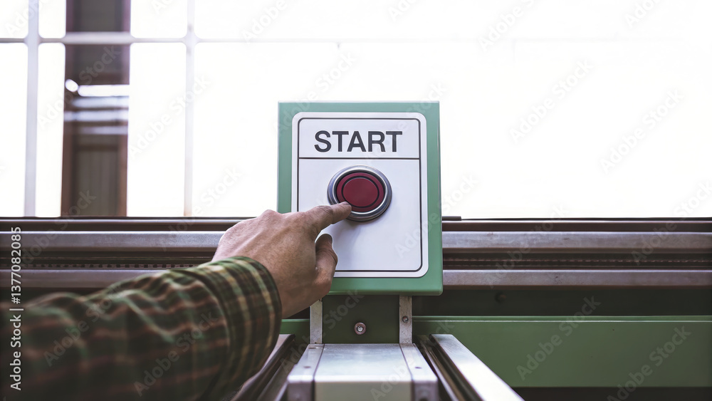Aufkleber production worker is ready to initiate process by pressing start button on machine, showcasing impor