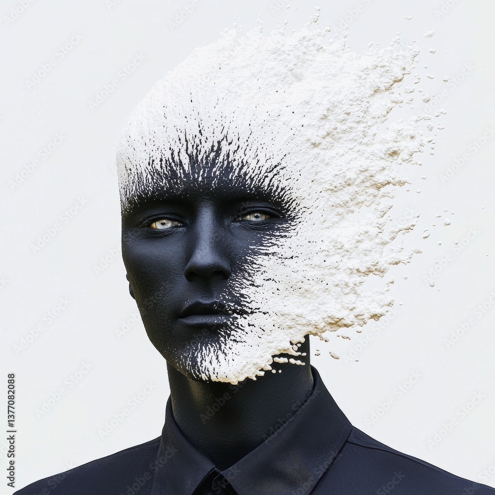 Poster a surreal portrait of a figure with a black face, where white powder appears to be exploding from th