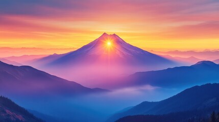 Fototapeta premium Majestic sunrise volcano peak, misty mountain range, vibrant sky, scenic wallpaper