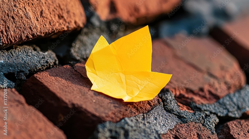 Poster a softly creased golden note delicately placed on a rugged red brick wall, creating a simple yet vis