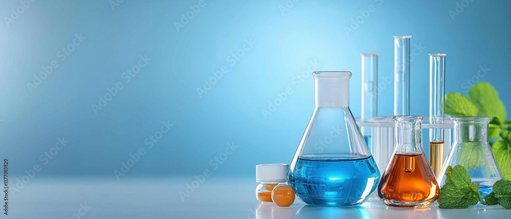 Poster a science laboratory workspace with various equipment and substances for conducting experiments and 