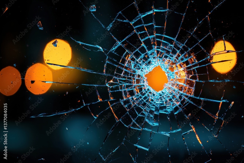 Poster a close-up of a shattered glass with colorful bokeh lights in the background, creating a striking vi