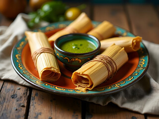 Captivating Still Life, Steaming Hot Tamales Wrapped in Corn Husks with Vibrant Green Salsa on a Decorative Plate, Evoking Culinary Traditions and Flavorful Delights