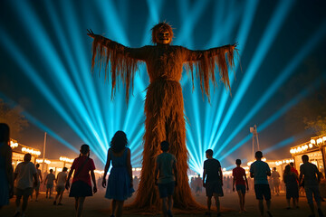 Captivating spectacle, A towering, enigmatic figure of straw amidst a crowd bathed in luminous blue spotlights, creating a surreal and immersive atmosphere at an outdoor event