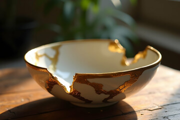 Capturing the Essence of Kintsugi, A Golden Repair in Ceramic Bowl, Emphasizing Resilience, Imperfection, and the Beauty Found Within Flaws in Kintsugi Art