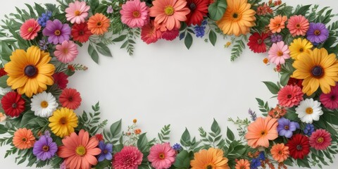 Set of assorted colorful flowers arranged in a decorative pattern on a white background with greenery and ribbons, flowers arrangement,  home decor,  floral decor