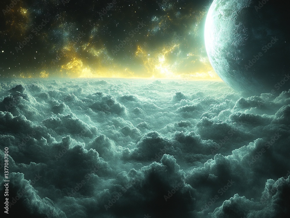 Poster surreal celestial view of a textured planet and vast clouds under a starlit sky
