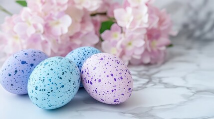 Pastel Easter eggs hydrangeas marble background spring card