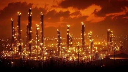 Fototapeta premium Nightfall at the Refinery: An Illuminating Industrial Landscape