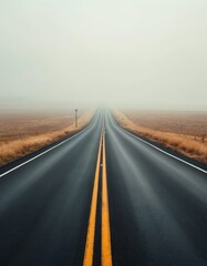 Fototapeta premium Endless asphalt road stretches to horizon. Concept new beginnings travel, opportunity. Empty highway leads into fog, limitless potential, journey, freedom. Perfect for travel blogs, adventure,