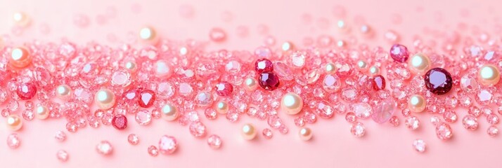 Scattered Acrylic Beads on Pastel Pink Background with Iridescent Crystals and Pearls