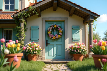 Charming Countryside Farmhouse Doorway Adorned with a Festive Floral Wreath and Vibrant Tulip Planters for a Warm and Welcoming Spring Ambiance