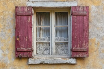 Rustic Vintage Window with Aged Maroon Shutters and White Frame