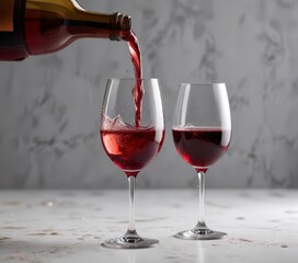 Sparkling red wine splashing into a glass of white wine,  glass fill,  bottle pour,  liquid movement