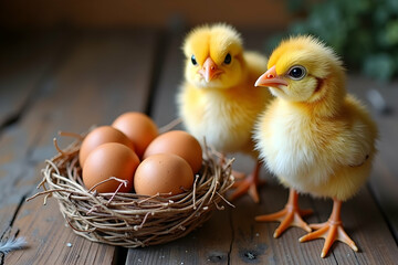 Charming Portrait of Two Fluffy Yellow Chicks with Nest of Eggs Displaying the Essence of New Life and Springtime Renewal in Natural Light