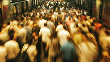 Obraz premium Blurred Commuters Rush Through Subway Station During Rush Hour