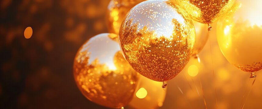 Gold Balloons with Confetti on Yellow Background for Celebrations and Events