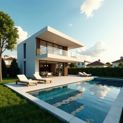 Fototapeta premium Modern solar house, pool, tranquil suburb, sunlit , living, swimming, serene