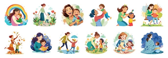 Fototapeta premium A collection of small illustrations depicting mothers and children in various scenes and activities.