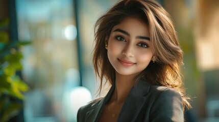 Obraz premium A young beautiful Indian businesswoman confidently and smart poses for a professional headshot in a corporate office setting.