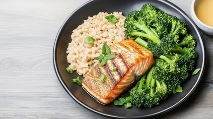 grilled salmon with brown rice and steamed broccoli

