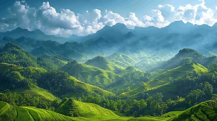 Naklejka premium Lush green terraced rice fields and mountains under a vibrant sky.