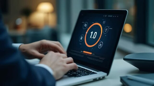 Man using laptop with digital speedometer on screen. High-speed internet concept. Fast connection and data transfer technology for business efficiency