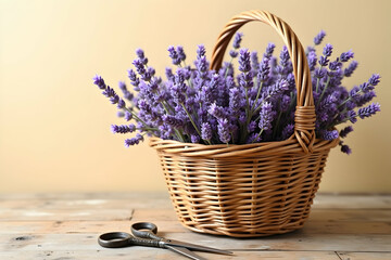 Charming Wicker Basket Overflowing with Vibrant Lavender Blooms on a Rustic Wooden Table, Evoking a Sense of Tranquility and Natural Beauty