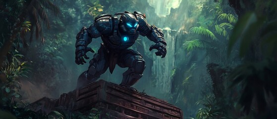 Humanoid monkey hybrid with metallic armor glowing blue veins and advanced cybernetic limbs standing atop a ruined jungle temple with dramatic lighting and dense foliage