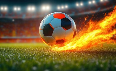 Dynamic Soccer Scene with Glowing Soccer Ball and Fiery Trail in Vibrant Stadium Lights at Night