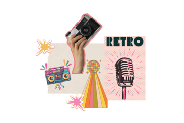 PNG, Poster Collage, hand holding vintage camera, isolated on white background.