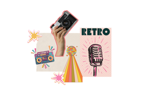 PNG, Poster Collage, hand holding vintage camera, isolated on white background.