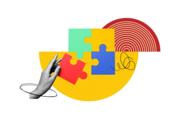 PNG, Poster Collage, hand with puzzles, isolated on white background.