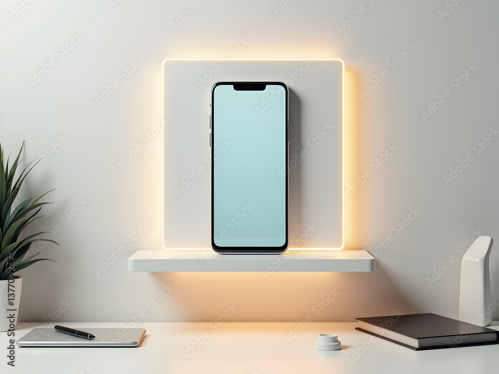 Poster contemporary workspace featuring a sleek smartphone displayed on a minimalist shelf illuminated by a