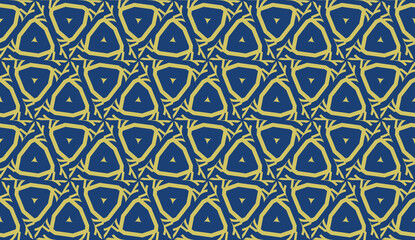Vector seamless geometric pattern. Triangles curved line. For wallpaper, presentation background, interior design, fashion print. Blue, dark yellow color