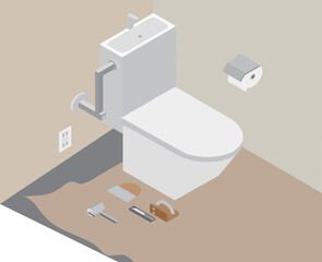 アイソメトリックなクッションフロアのシートを貼っているトイレのイメージ素材