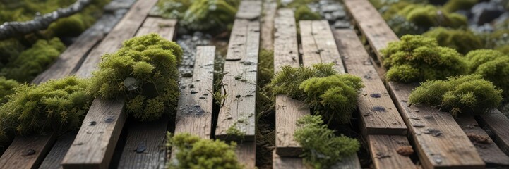 Weathered wooden planks with moss and lichen growth, rough, wooden textures, decay
