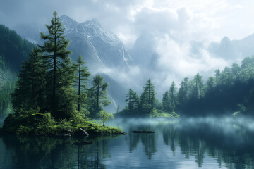 Misty Forest Landscape with Mountain Reflections
