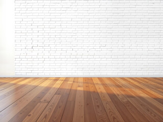 Fototapeta premium A spacious interior with soft sunlight, wooden floors, and white brick walls, great for backgrounds. Generative AI