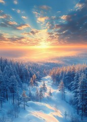 Fototapeta premium Winter Forest Sunrise Over Snowy Landscape
