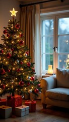 Christmas tree with ornaments and lights in a decorated living room background, cozy interior, festive colors