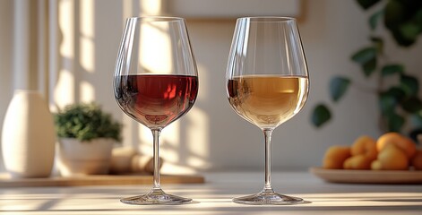 Naklejka premium Two Wine Glasses Red and White on White Background