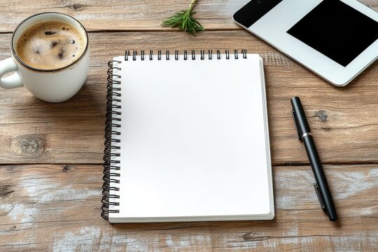 Minimalist flat lay of blank spiral notebook with pen coffee cup and tablet on wooden desk in natural light
