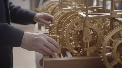 Craftsman adjusting intricate clockwork mechanism in workshop