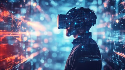 Fototapeta na wymiar Man Experiencing Virtual Reality with Digital Futuristic Background and Innovation
