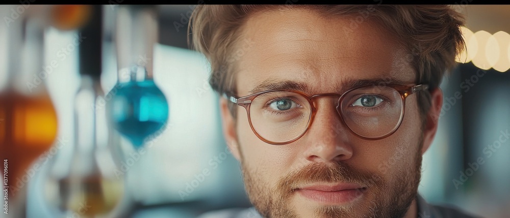 Poster focused and diligent young scientist conducting research and experiments in a well-equipped laborato