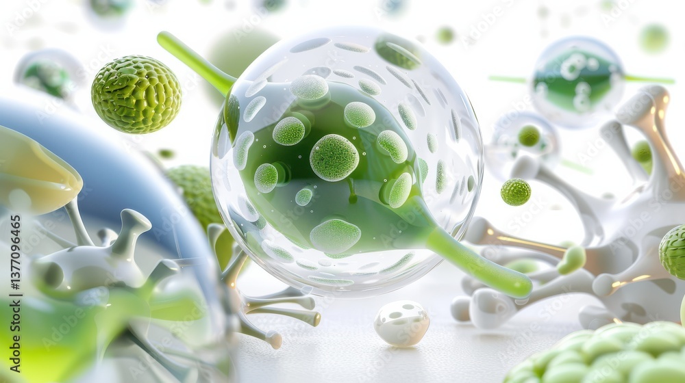 Poster exploring microscopic algae structures in detail scientific laboratory gigapixel image bright enviro