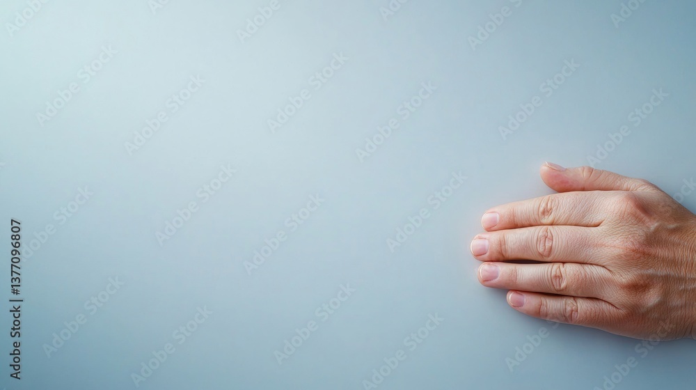 Poster a close-up of a hand resting on a smooth surface, creating a minimalistic and calm atmosphere.